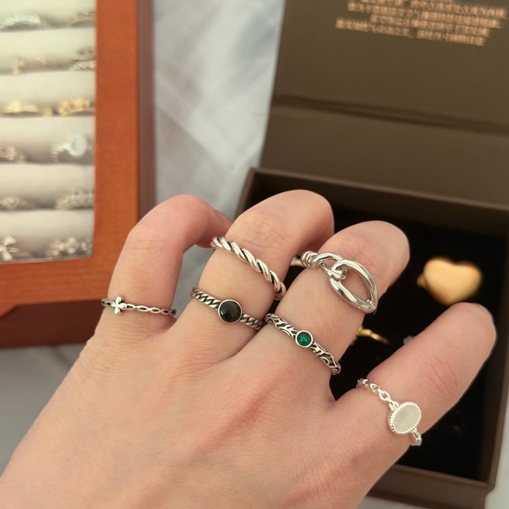 Sterling Silver Women's Stackable Ring Set with Black and Green Accents